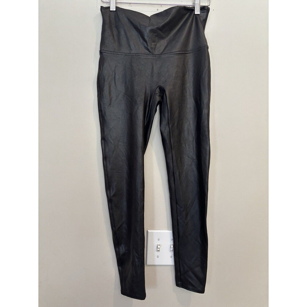 Spanx Black‎ Faux Leather Leggings XL Rocker Biker Goth Punk Shiny Workout Pants